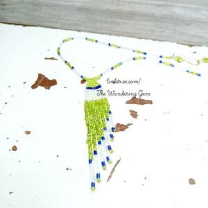 Green Beaded Fringe Cascade Choker Necklace, Boho Chic, OOAK, 15"